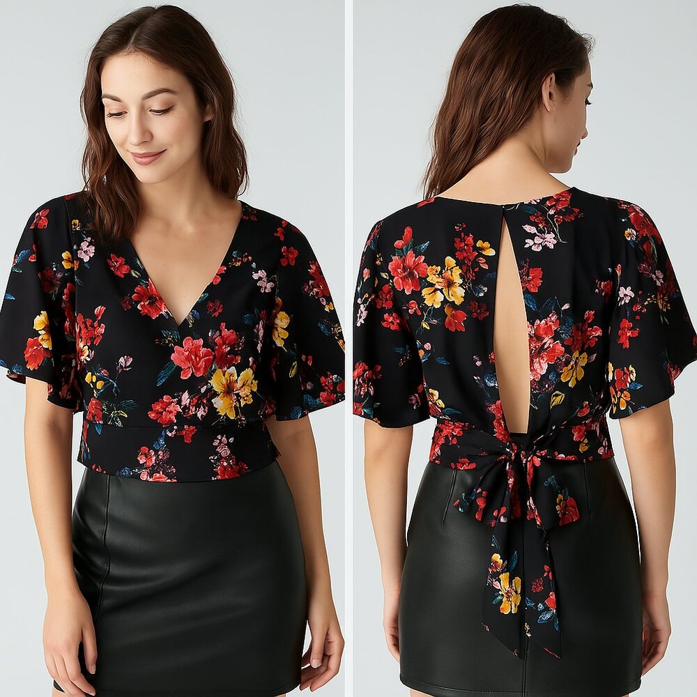 Black Floral V-Neck Front & Keyhole Back Self-Tie Blouse with Flutter Sleeves XS